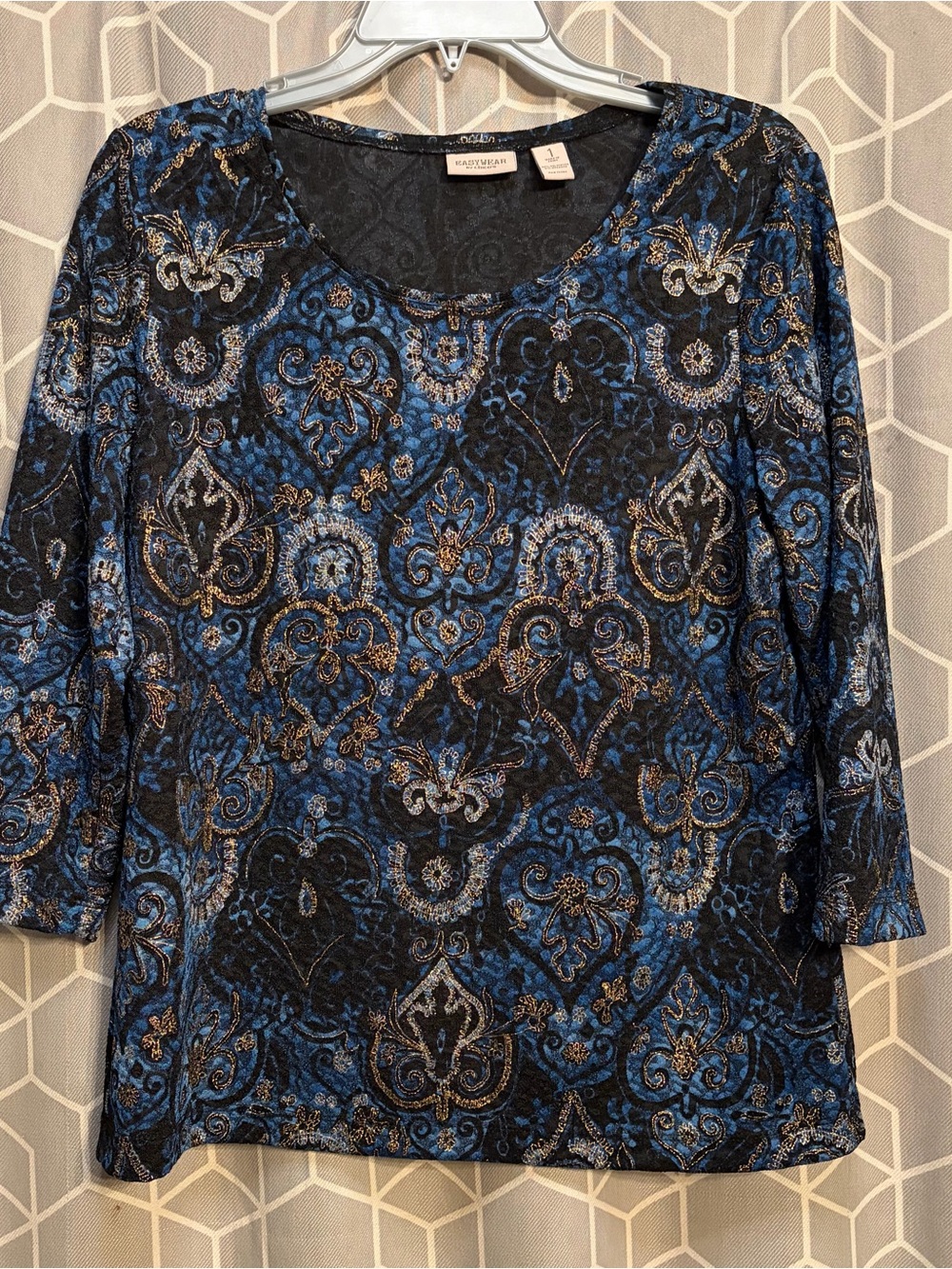 Chico's Blue, Black & Gold Paisley Long Sleeve Scoop Neck Top